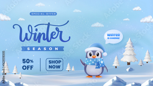 Winter Season Promotion With Penguin in Snowy Landscape Illustration