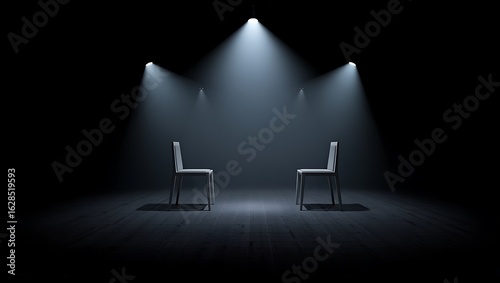 Two stark white chairs dramatically illuminated by multiple spotlights on a dark wooden floor in an empty room