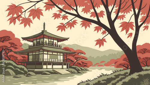 Japanese temple architecture with autumn leaves and river landscape vector illustration art design