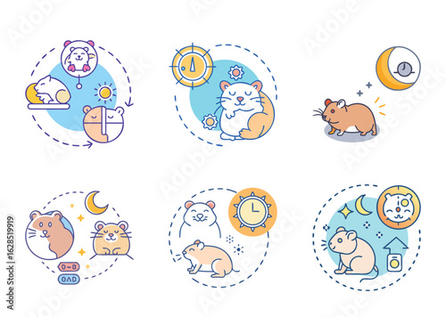 Collection of adorable hamster circadian rhythm and daily activity icons