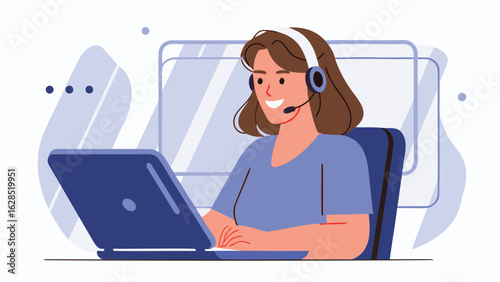 Woman with headset working on laptop in office setting with abstract background and chair visible