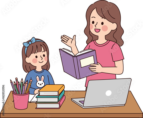 Mother teaching daughter at desk, reading book, educational home scene, learning together, cartoon illustration, parenting, childhood, cozy moment