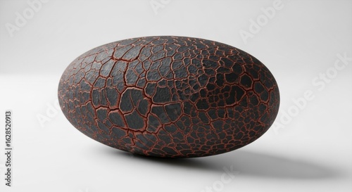 Petrified spheroidal object with fissures and a scorched appearance isolated against a stark