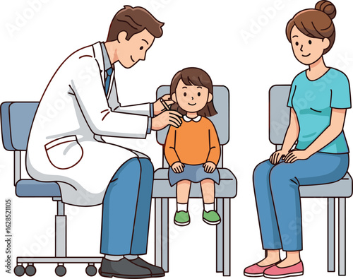 Pediatric doctor examining child’s ear during routine checkup, family healthcare visit in clinic, medical care, parent support, wellness