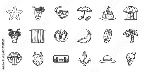 Beach vacation doodle icon set with charming hand-drawn sketch illustrations, including swimsuit, surfboard, palm tree, sunglasses, umbrella, and starfish. Black and white cartoon-style artwork ideal 