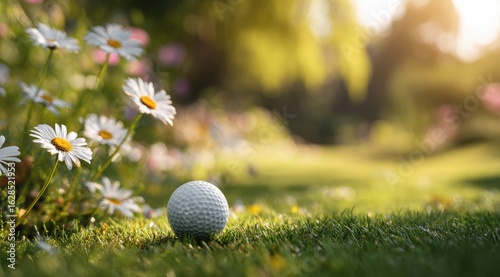 A golf ball rests on a grassy patch amidst a vibrant display of daisies in a sunlit garden