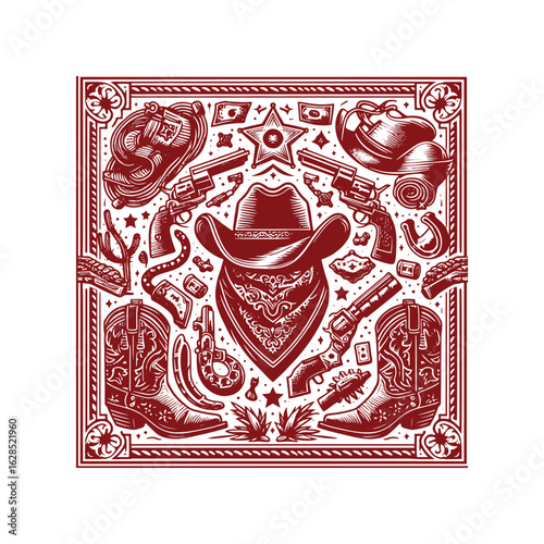 Western Bandana Pattern with Ornamental Frame and Editable Text Space – Black and White Vector Illustration