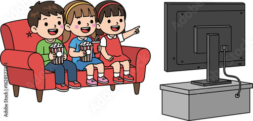 Three kids sitting on red couch watching TV, eating popcorn, pointing, smiling, cartoon illustration, fun indoor scene, movie time