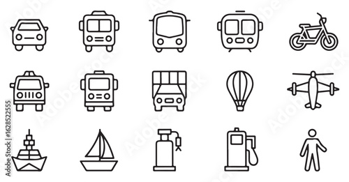 Icons for various transportation methods such as cars, buses, boats, and fuel for travel and mobility designs
