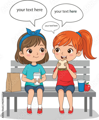 Two girls sitting on park bench eating lunch, holding drinks, talking, smiling, enjoying summer day, cartoon kids illustration, outdoor scene