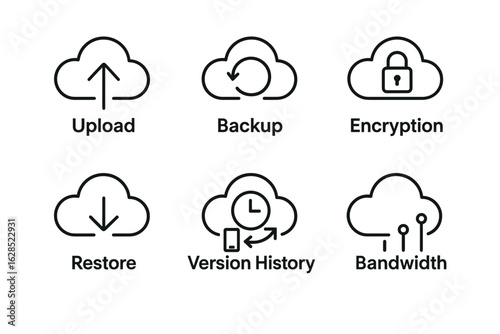 Cloud computing icons for upload, backup, encryption, restore, version history, bandwidth