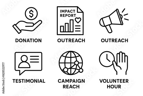Donation outreach impact report icons with volunteer and campaign symbols