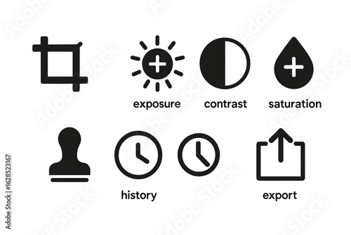 Image editing icons: crop, exposure, contrast, saturation, history, export