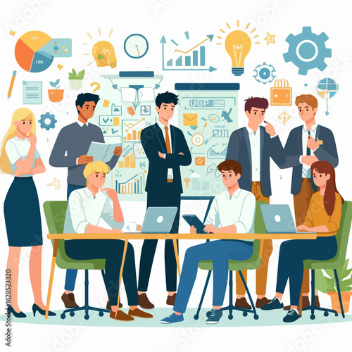 Large group of individuals gathered around a table, engaged in a collaborative business meeting, surrounded by various visual aids for brainstorming and strategy.