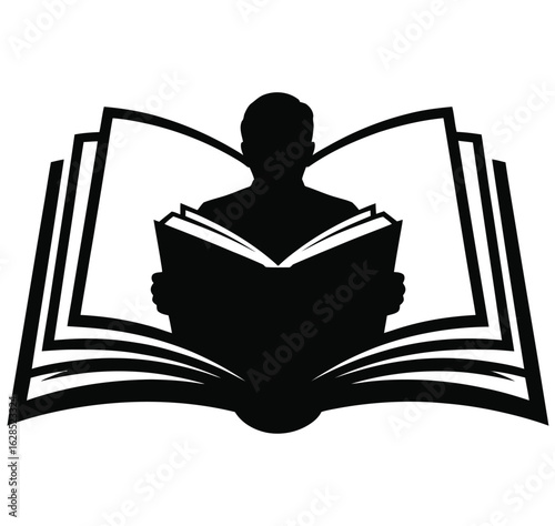 Silhouette of person reading an open book with pages fanning out vector