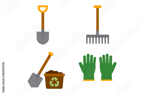 Gardening tools and recycling icon set with shovel, rake, and gloves