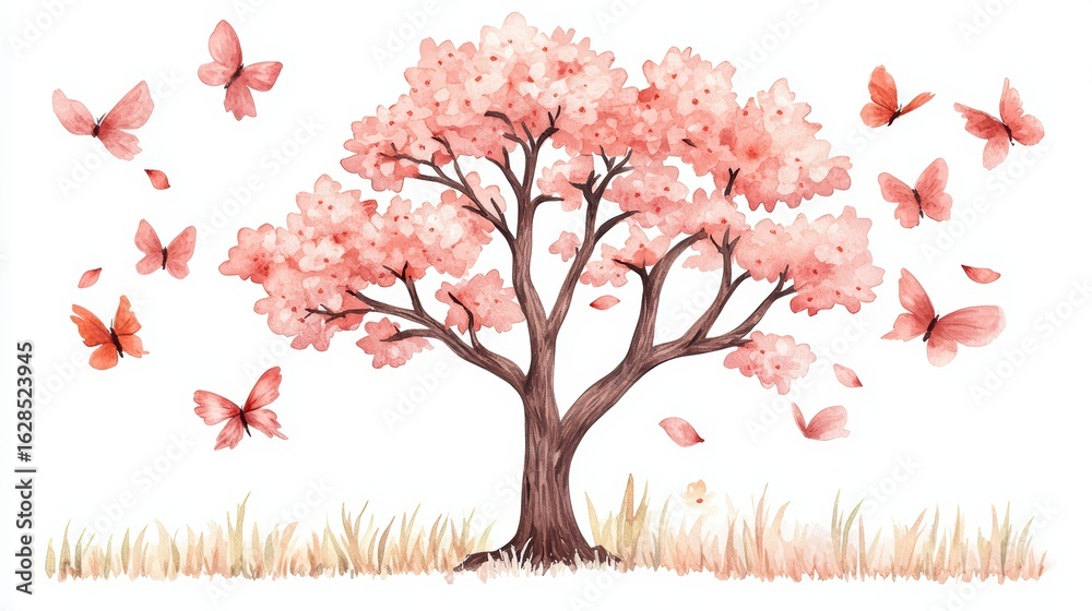 Pink Blossom Tree with Butterflies in Soft Watercolor Style Pink Blossom Tree with Butterflies in Soft Watercolor Style