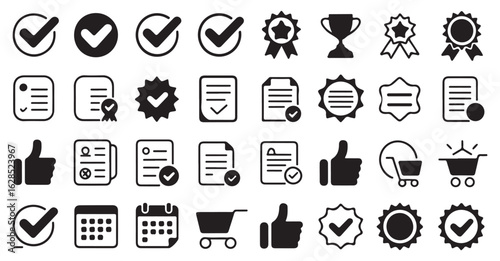 Collection of award, feedback, and rating symbols such as thumbs up, checkmarks, and certificates for success and recognition