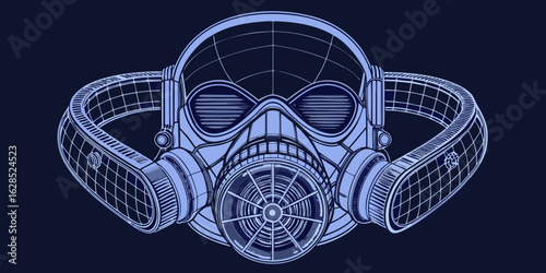 Bane Respirator Wireframe: Technical 3D Mask Blueprint with Ventilation Tube Structure Generative AI 