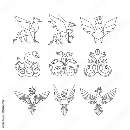 Artificial intelligence vector art of collection of mythical creatures in line art isolated on white background