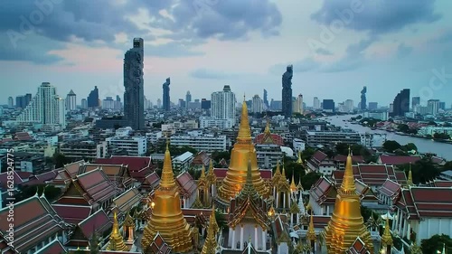 Golden Temples and Modern Skyline Bangkok Cityscape