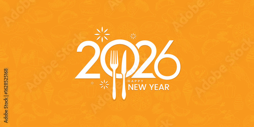Happy New Year 2026 with Fork and Knife, 2026 Foodie Celebration, The New Year 2026 Food restaurant chefs' logo social media banner poster cover design concept, Vector illustration template post 