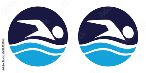 A circular swimming logo featuring a swimmer in dark blue and a light blue wave, ideal for swim schools or aquatic clubs