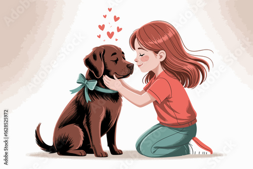 Heartwarming Cartoon Illustration of a Young Girl Kneeling to Hug Her Happy Dog with a Bow – Symbol of Pet Love, Friendship, Loyalty, and Emotional Bonding Perfect for Children’s Books and Posters.