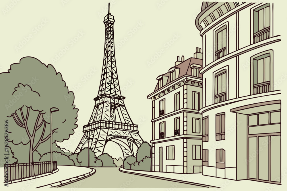 Obraz premium Unmistakable curves of the Eiffel Tower rise from a cozy Paris street, offering a hidden perspective of a world-famous landmark, modern flat illustration style.