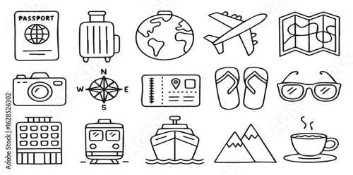 Travel adventure doodle icon set featuring playful hand-drawn sketch illustrations of a passport, suitcase, airplane, map, backpack, and tent. Black and white cartoon-style art perfect for tourism and