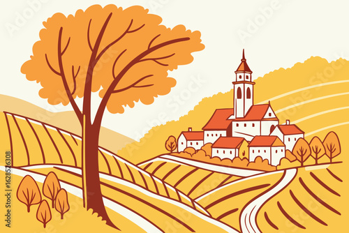 Golden vines and bright autumn trees envelop Weissenkirchen in Wachau Valley, offering warmth and tranquility, modern flat illustration style.