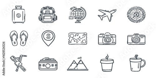 Travel adventure doodle icon set featuring playful hand-drawn sketch illustrations of a passport, suitcase, airplane, map, backpack, and tent. Black and white cartoon-style art perfect for tourism and