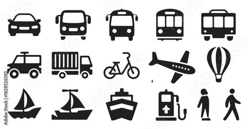 Various transportation icons featuring vehicles like cars, trucks, bicycles, and boats for travel and shipping