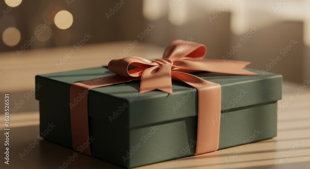 Fototapeta premium Elegant green gift box with a soft peach ribbon sits bathed in gentle sunlight displaying subtle