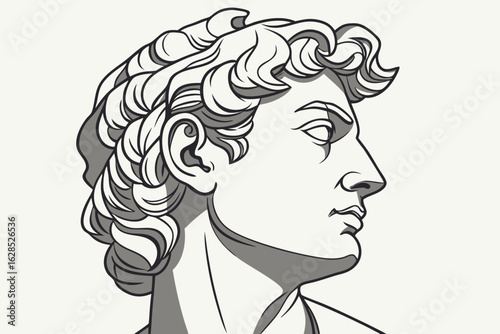 Appreciate the detailed plaster replica of Michelangelo’s David head, showcasing sharp features and ancient Greek artistry on white, modern flat illustration style.