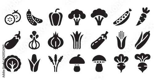Black and white vegetable icons representing fresh produce and healthy eating for dietary and gardening designs