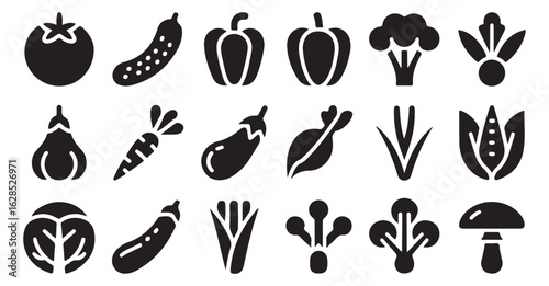 Various icons depicting fresh vegetables like cucumbers, mushrooms, and peppers for food and health applications
