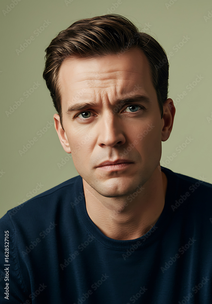 Obraz premium Serious headshot portrait of a man with short brown hair, wearing a dark blue shirt.