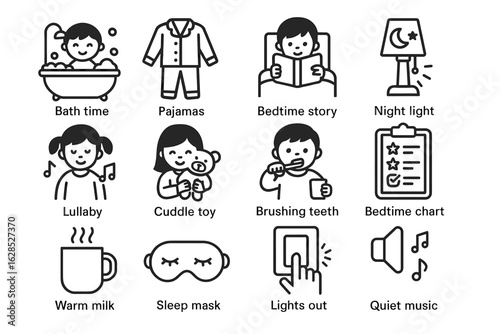 Bedtime routine icons: bath time, pajamas, bedtime story, night light, lullaby, cuddle toy