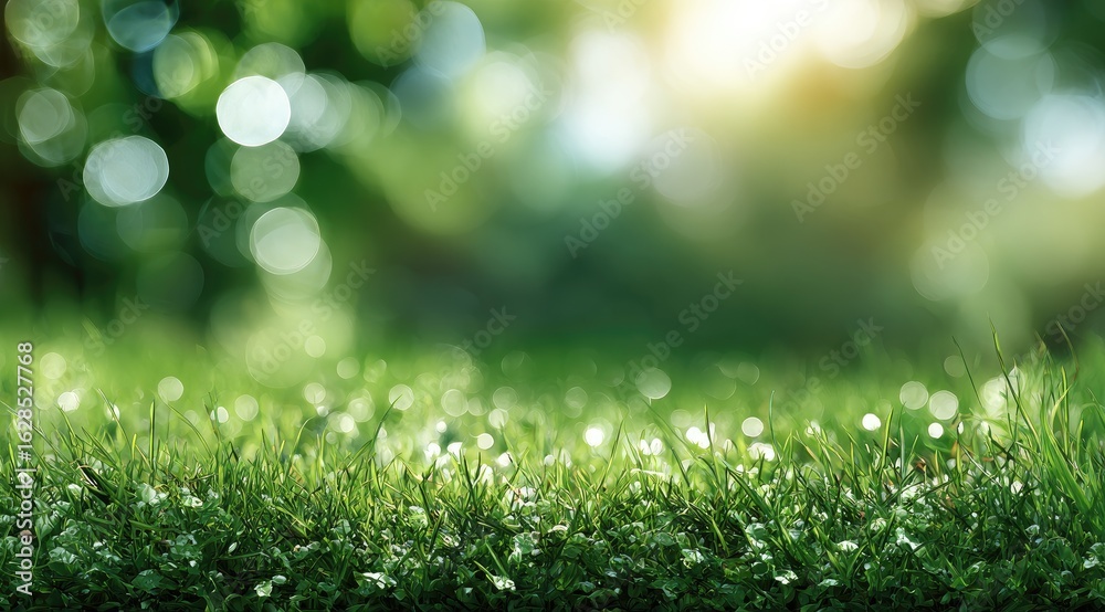 Obraz premium Blurred green forest scene, dewy grass foreground
