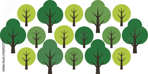 Stylized green trees in a natural forest arrangement with white background