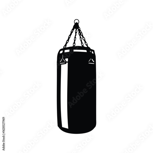 Simple black and white punching bag hanging by a metal chain