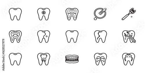 Modern black line icon set illustrating dental care and oral hygiene. Includes tooth anatomy, orthodontics, braces, smiling lips, dental tools, implants, and hygiene products in a clean vector style.
