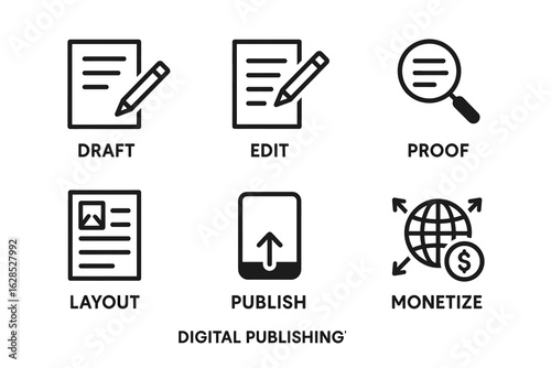 Digital publishing icons: draft, edit, proof, layout, publish, monetize