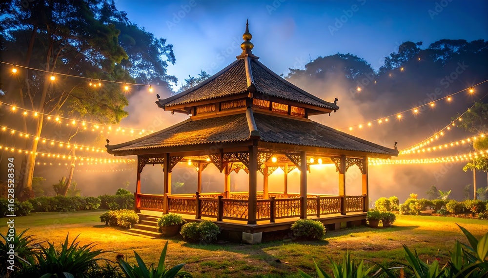 Fototapeta premium Illuminated Pagoda in Garden with String Lights at Dusk