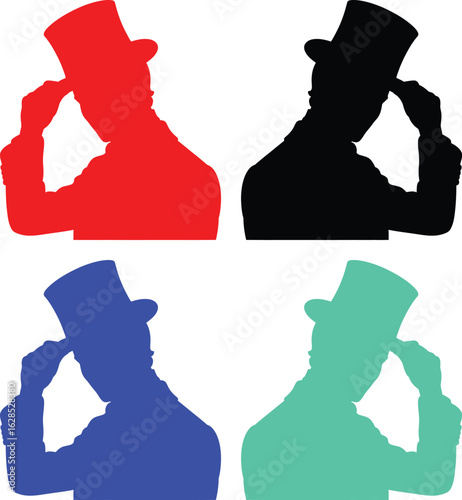 Four silhouettes of a gentleman in a top hat tipping his hat