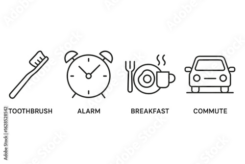 Daily routine symbols: toothbrush, alarm clock, breakfast, commute car icons