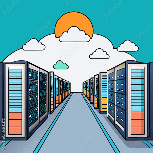 Modern data center with multiple rows of server racks and glowing blue lights