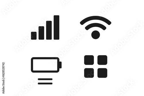 Set of communication and technology symbols: signal, wi-fi, battery, app