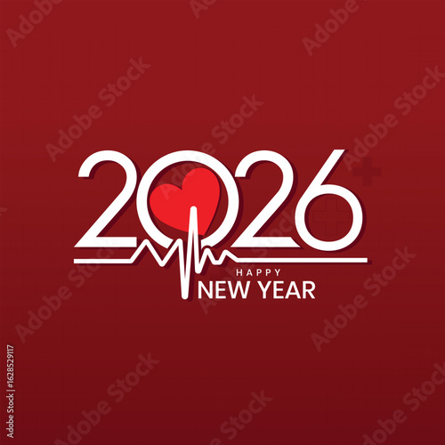 Happy New Year 2026 logo with Heartbeat, featuring New Year 2026 for healthcare, Insurance, Wellness, and medical concepts. Celebrate the new year with Doctors, Nurses & Medical Staff	banner poster 